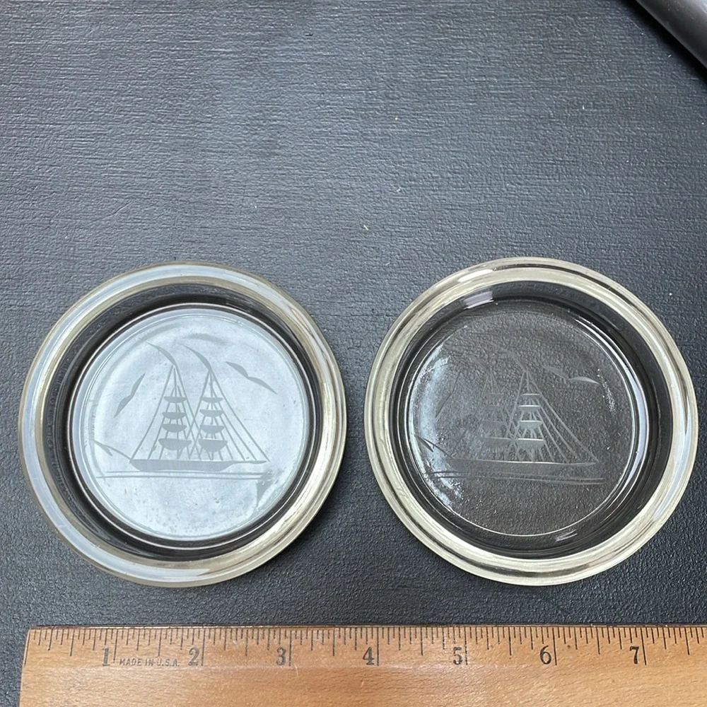 Set of 2 WILLIAMS SONOMA ETCHED SHIP Sails BAR GLASS DRINK COASTER BARWARE